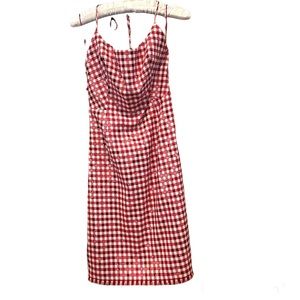 MOSCHINO red/ecru gingham, sequins halter dress, size US 8/IT 42, made in Italy